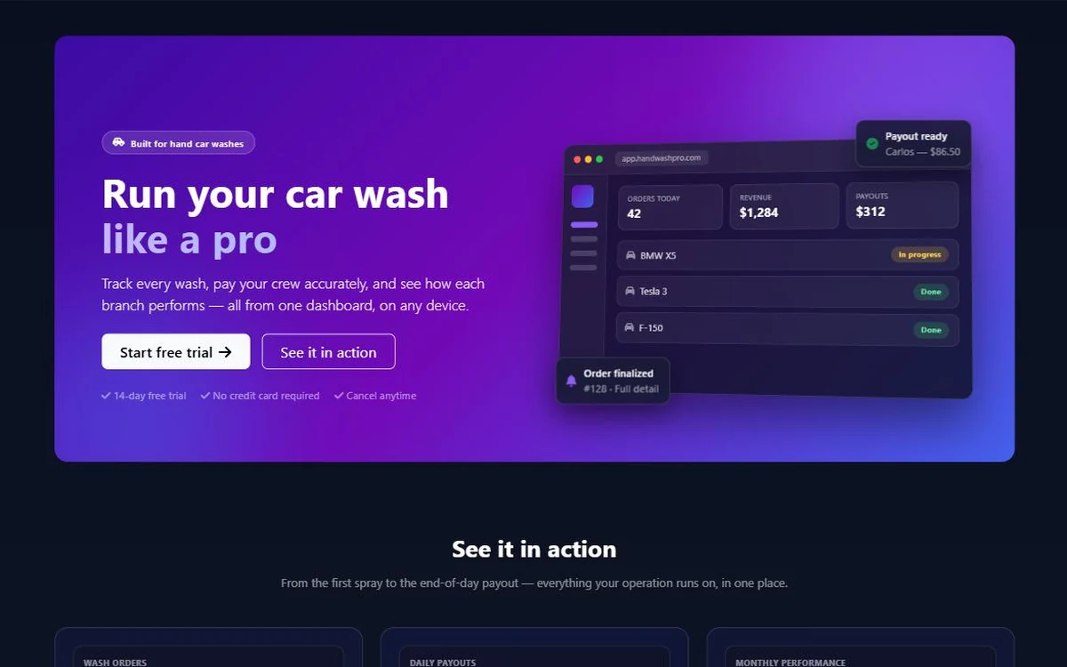 HandwashPro car wash management dashboard built by Digital Biz Agency