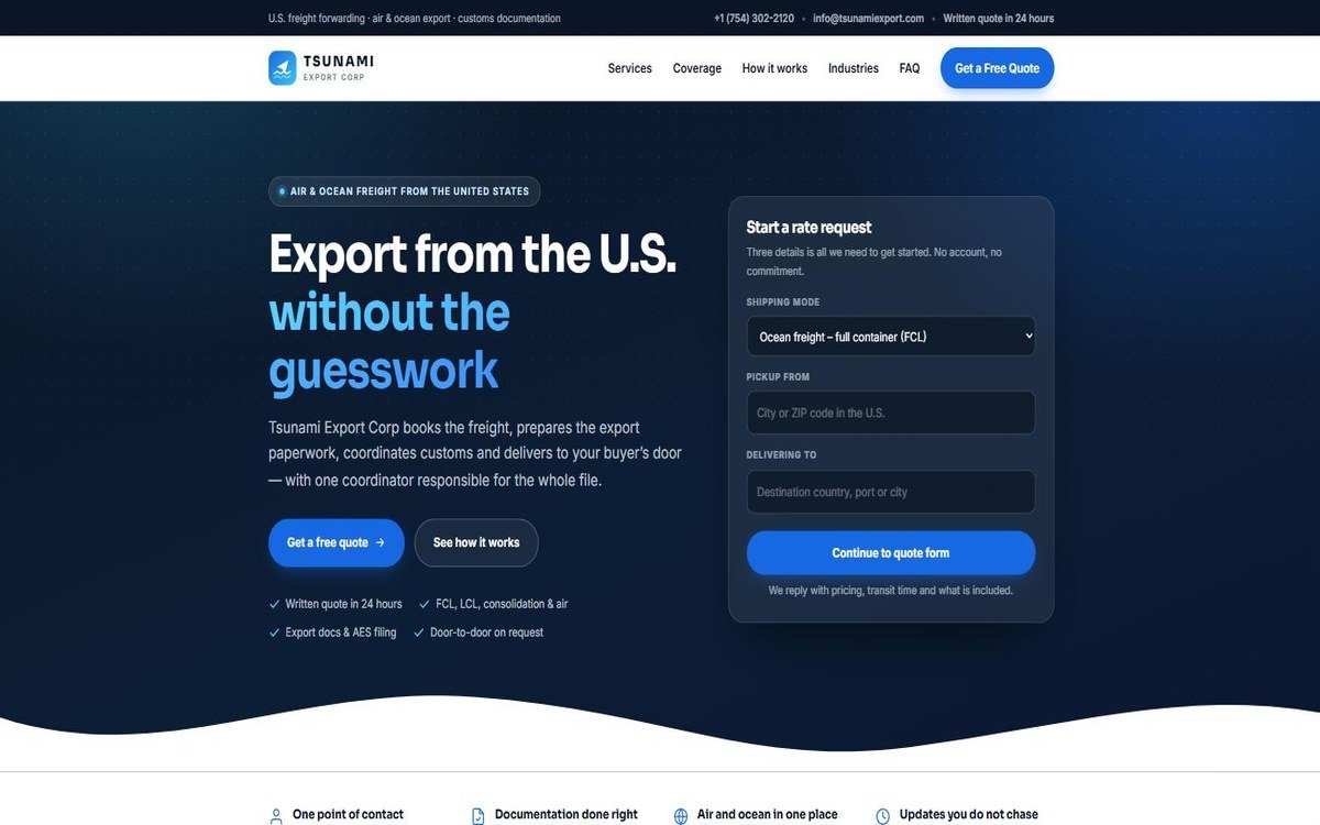 Tsunami Export Corp freight forwarding website built by Digital Biz Agency